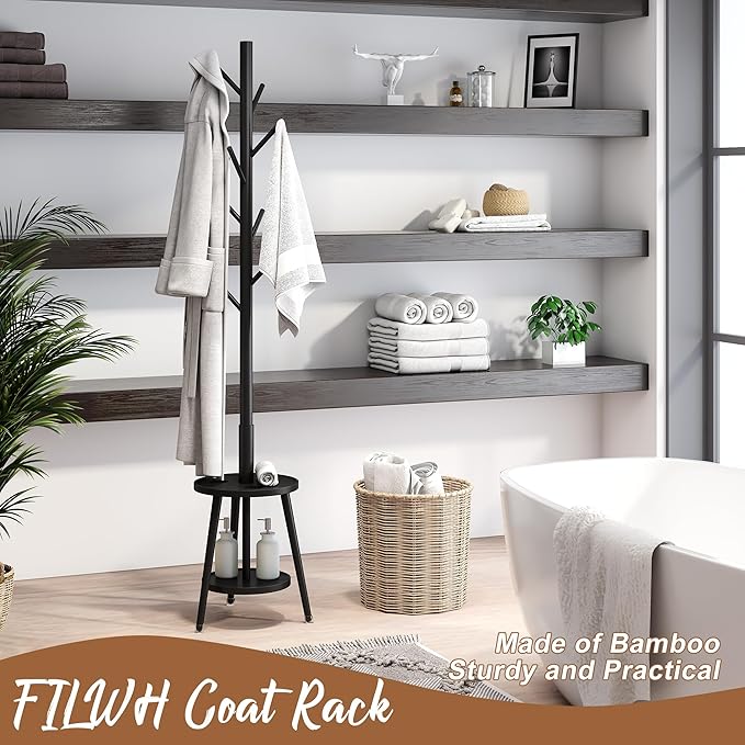 FILWH Freestanding Coat Rack with Umbrella Organizer Tray Bamboo Coat Tree Rack with 8 Hook Stand for Clothes Bag Hats Entryway Hanger Stand(Black)