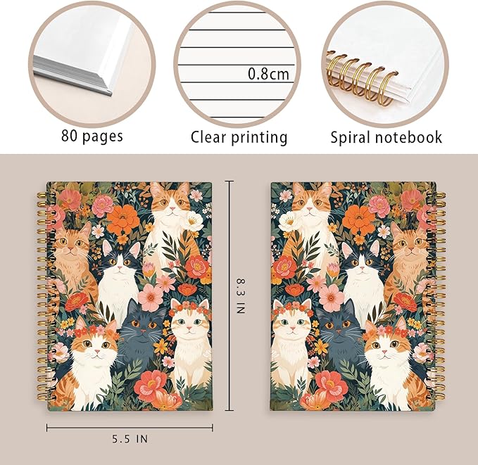 Cat Notebook Journal for Teen Girls, Black Cat Floral Spiral Notebook for School Supplies, Cute Notebooks for School Aesthetic, Cat Lover Gifts for Women Men 5.5x8.3 Inch