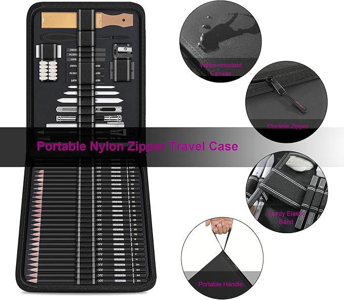 HIFORNY 58 PCS Drawing Kit Sketching Pencil Set,Sketch Pencils Art Supplies with 3-Color Sketchbook,Graphite,Charcoal,Blending Tools,Drawing Pencils for Adults Artists