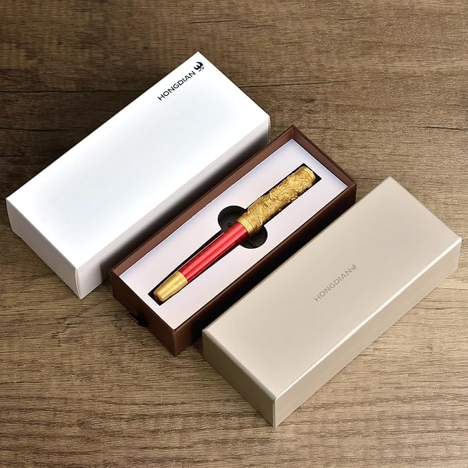 Hongdian A24 Fountain Pen Fine Nib, Bright Red & Golden Dragon Stereoscopic Carving Cap Design