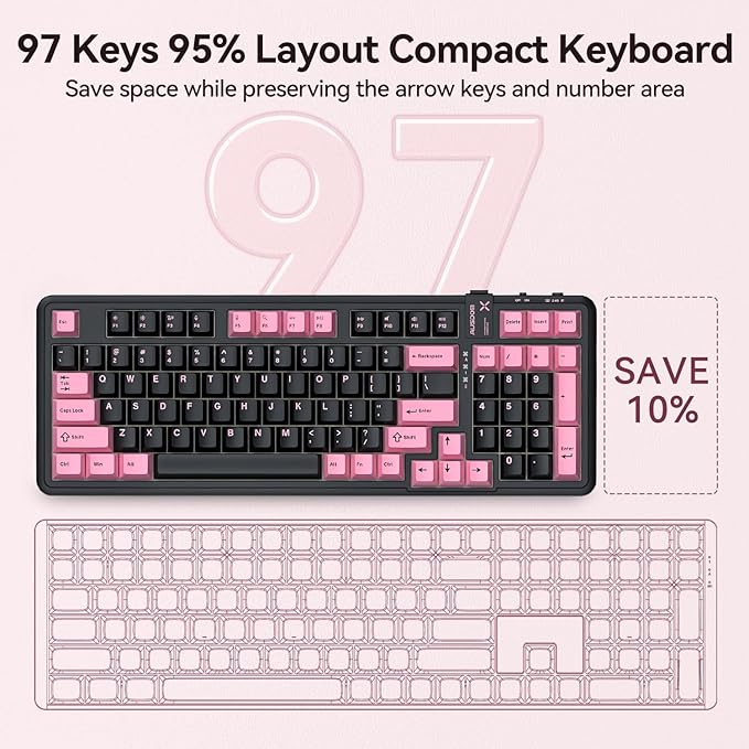 AUSDOM 98Pro Silent Wireless Mechanical Keyboard, Tri-Mode BT/2.4G/USB-C Hot Swappable Custom Quiet Keyboard with Backlit, Gasket Structure, PBT Keycaps, Pre-lubed Tactile Switches(Black Pink 97keys)