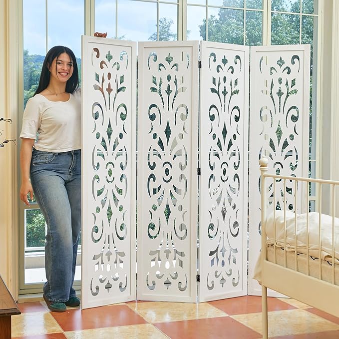 5.6Ft Room Divider Folding Wood Classical Carved Partition Screen for Home Office Garden - 4 Panels (White)