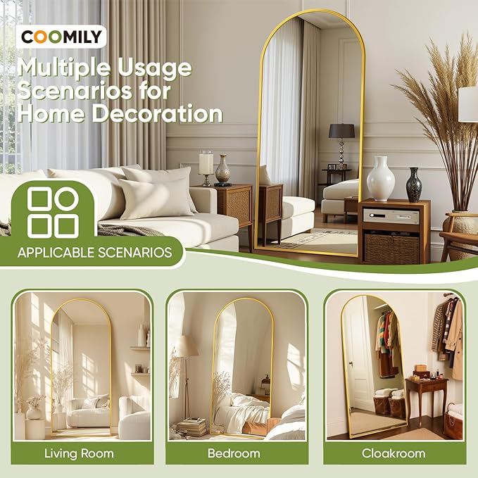 Full-Length Floor Mirror with Stand, 58"x21" Arched Style Full Body Standing Mirror for Bedroom, Living Room, Gym, Dorm - Shatter-Resistant & Easy Assembly, Gold