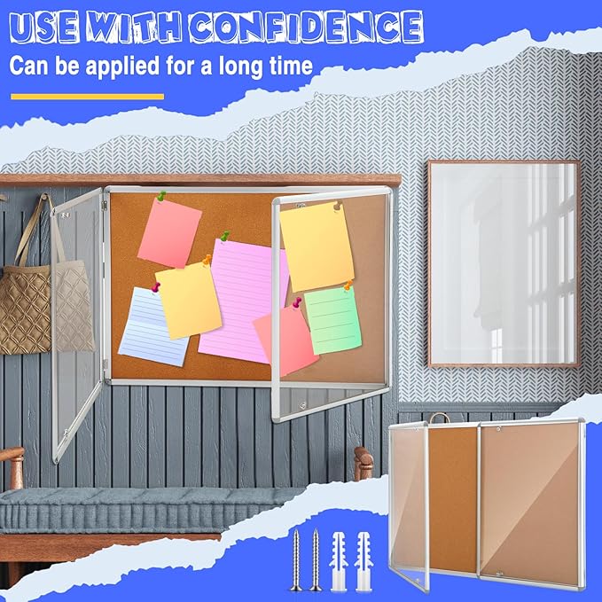 2 Pack Enclosed Bulletin Board 48"x36" Weather Resistant Lockable Enclosed Notice Cork Case Display Board Wall Mounted 2 Locking Door Aluminum Frame for Back to School Classroom, 12xA4(Brown)