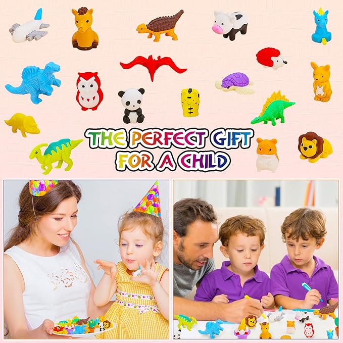 120Pcs Animal Erasers Bulk Cute Food Erasers Desk Pets Kids Puzzle Eraser Take Apart Cool 3D Eraser Mini Fun Party Favors for School Supplies Classroom Rewards Easter Egg Fillers Gifts
