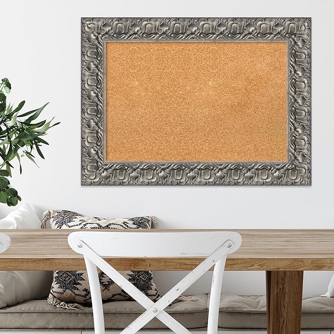Amanti Art Natural Cork Board for Wall, 22x30 Vision Board with Silver Wood Frame, Medium Corkboard Office Decor for Home Organization, Traditional Corkboard Pinboard to Display Items for Home