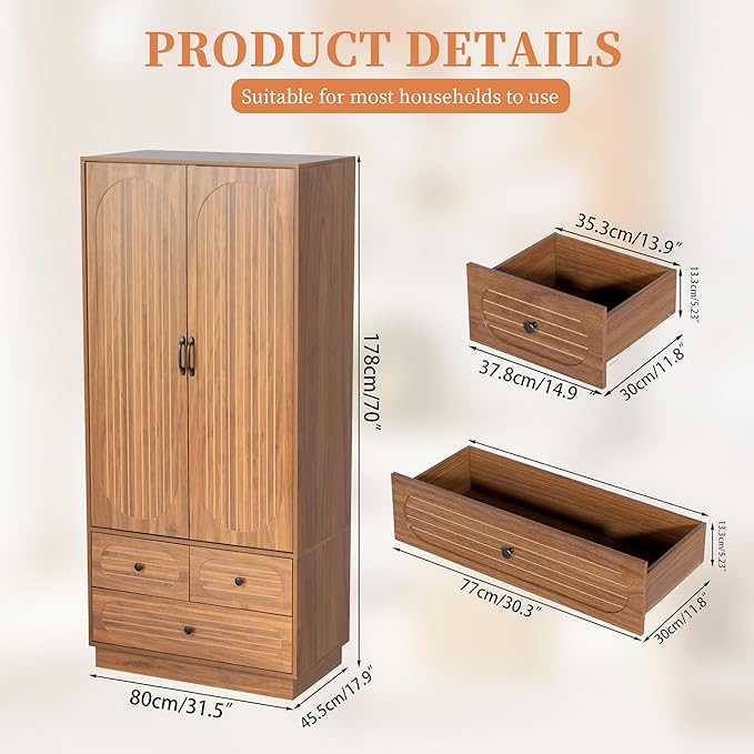 Armoire Wardrobe Closet with Doors, Wardrobe Cabinet with 3 Drawers, Wooden Large Clothing Storage Cabinet with Hanging Rod and Shelf, Mid-Century Modern Tall Closet for Bedroom, Walnut