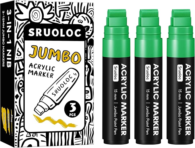 3 Jumbo Permanent Markers Green, 15mm Thick Wide Tip, Large Acrylic Paint Markers for Rock Painting, Poster, Graffiti, Stone, Ceramic, Glass, Wood, Canvas