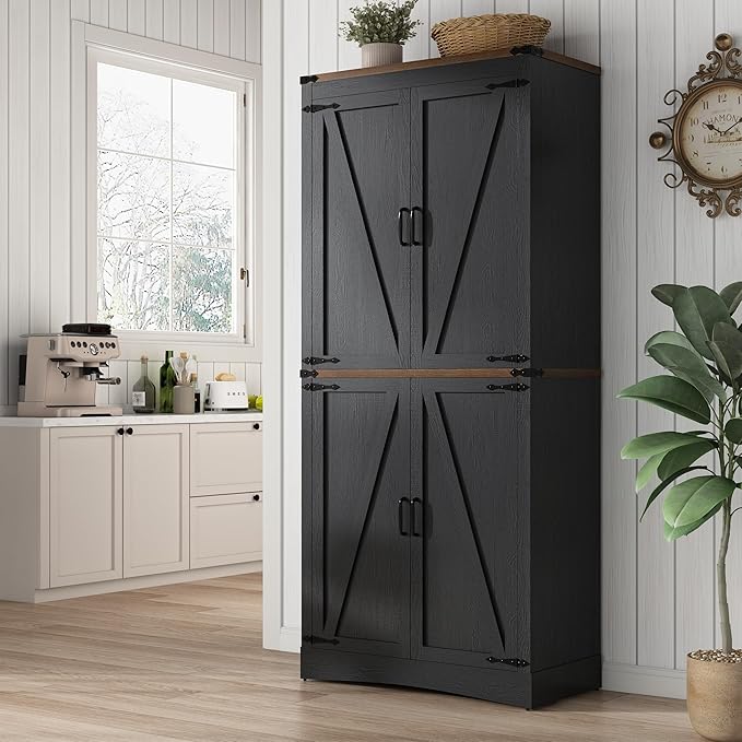 71in Farmhouse Kitchen Pantry Cabinet,Tall Storage Cabinet with 4 Doors and Adjustable shelves,with Load-Bearing Steel Pipe,Wood Storage Cabinets for Kitchen,Dining Room,Bathroom(Black)