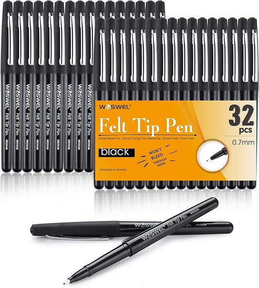 Black Felt Tip Pens, 32 Black Pens, 0.7mm Medium Point Felt Pens, Felt Tip Markers Pens for Journaling, Note Taking, Planner, Writing,Drawing.Perfect for Art Office and School Supplies