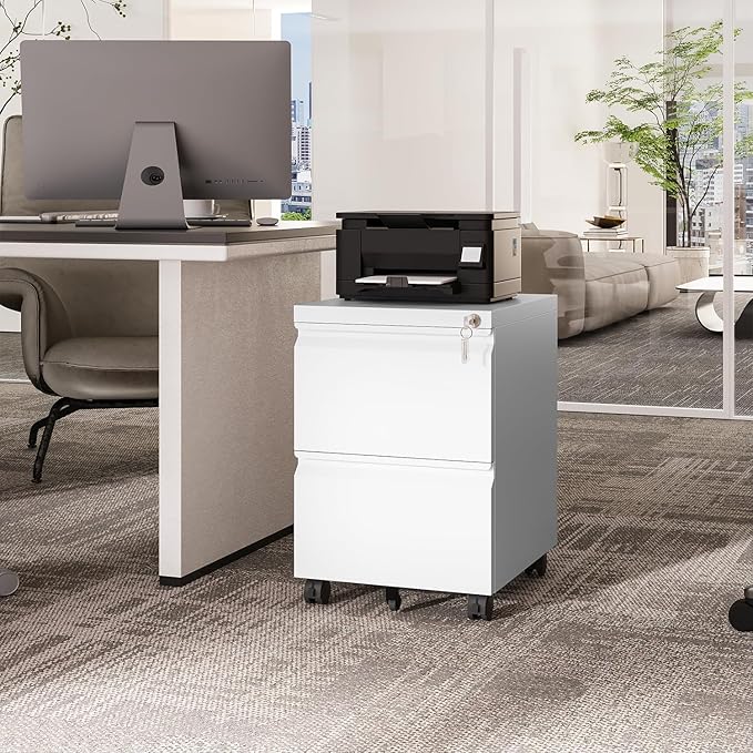 2 Drawers Vertical File Cabinet - Fully Assembled White Under Desk Mobile Filling Cabinet Small Lockable Home Office File Cabinets for A4/Letter/Legal Size