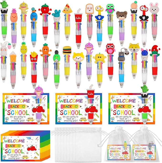 30 Set Cute Multicolor Pens in One 4-in-1 Fun Pens Bulk with 30 Gift Cards for Kindergarten Party Welcome Back To School Student Gift Bulk Office School Exchange Gifts