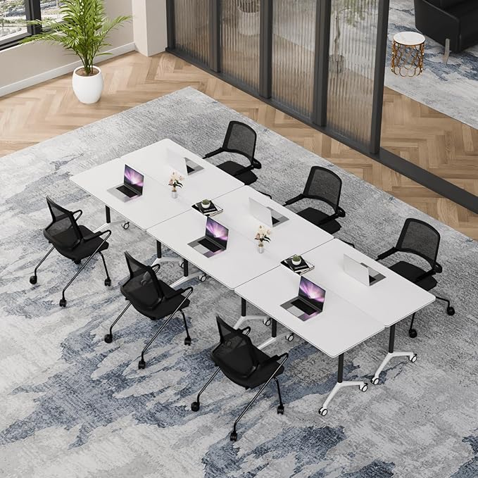 Folding Conference Table, Modern Conference Room Tables with Flip-Top Design, Foldable Conference Table Meeting Table with Wheels, Mobile Seminar Training Tables for Office Classroom (2, White 2)