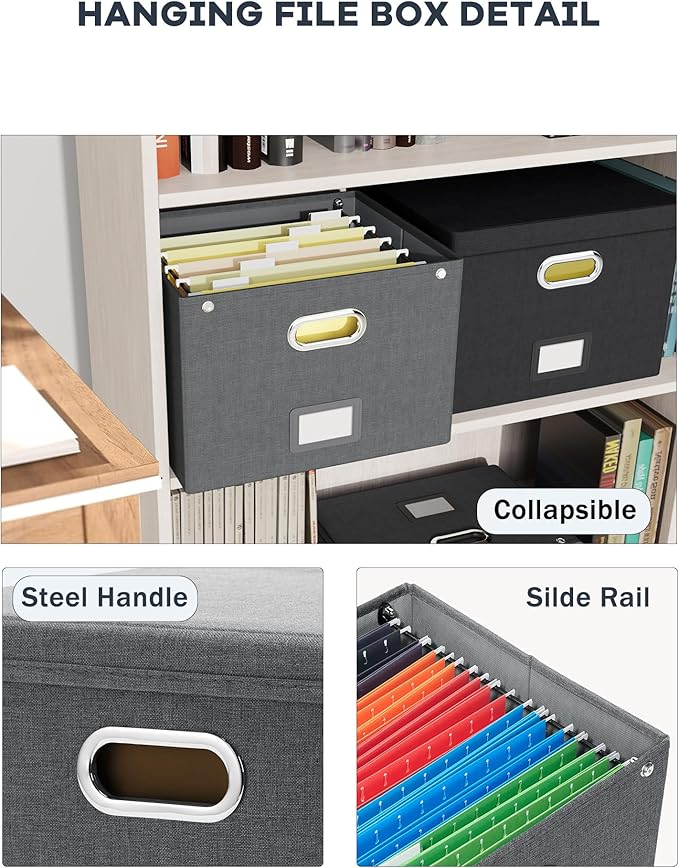 2 Pack File Organizer Box with Lid, Large Hanging Filing Box with Mesh Pocket, Document Organizer for Letter Files, Portable Storage Case for Office&Home (Dark grey)