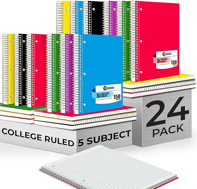Bulk Spiral Notebook 24 Pack, 5 Subject, 300 Pages/Book (150 Sheets), 8 x 10-1/2, College Ruled, School & Office Spiral Notebooks, Back to School Notebook Journal, Soft Cover, Assorted Colors