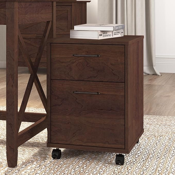 Bush Furniture Key West Rolling Cart for Home Office, 2 Drawer File Cabinet on Wheels, 15.51"W x 15.75"D x 22.28"H, Bing Cherry