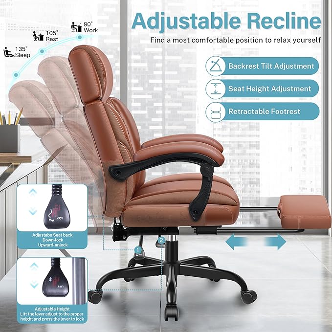 Executive Leather Office Chair, Big and Tall Office Chair with Footrest Home Office Desk Chairs, Ergonomic Computer Desk Chair with Lumbar Support, Reclining Office Chairs with Adjustable Angle