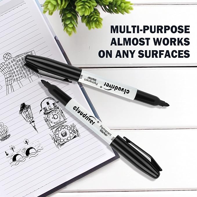 cloudriver Permanent Markers, 148 Pack Black Permanent Markers Set, Fine Point, Bulk Permant Markers Work on Wood, Plastic, Metal, Stone, Glass