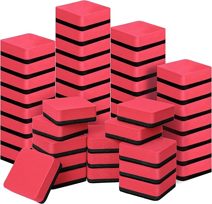 Dry Erase Erasers, 48 Pack Magnetic Whiteboard & Chalkboard Cleansers, Small Magnetic Erasers (Red)
