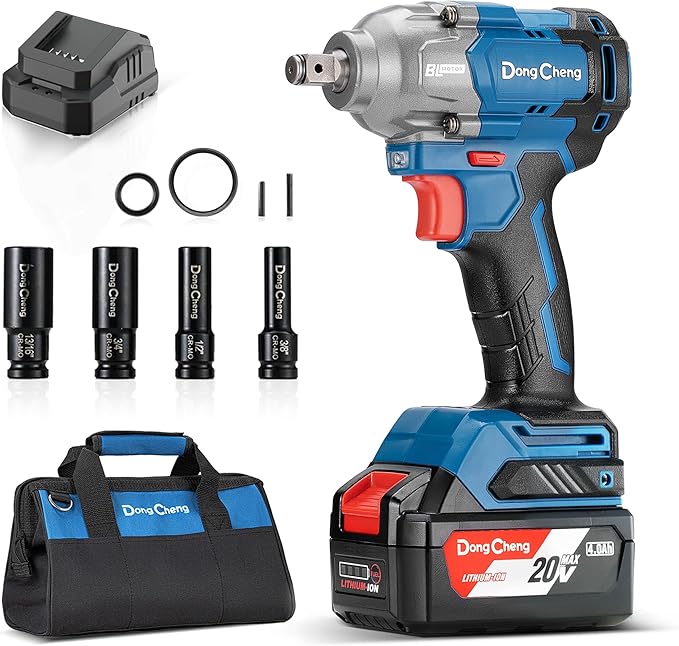 Dong Cheng 20V Brushless Impact Wrench, Max Torque 360 ft-lbs (488N.m), 1/2 inch with 3 Mode Speed, 2400 RPM Cordless Impact Gun, Includes 4.0Ah Battery, Charger, 4 Impact Sockets and Kit Bag