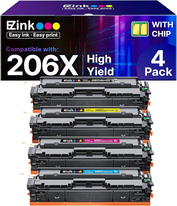 E-Z Ink 206X Toner Cartridges 4 Pack High Yield Compatible for HP 206X 206A W2110X W2110A to Use with HP Color Laserjet Pro MFP M283fdw M283cdw M283fdn M282nw M255dw M255nw M283 (with Chip -B/C/Y/M)