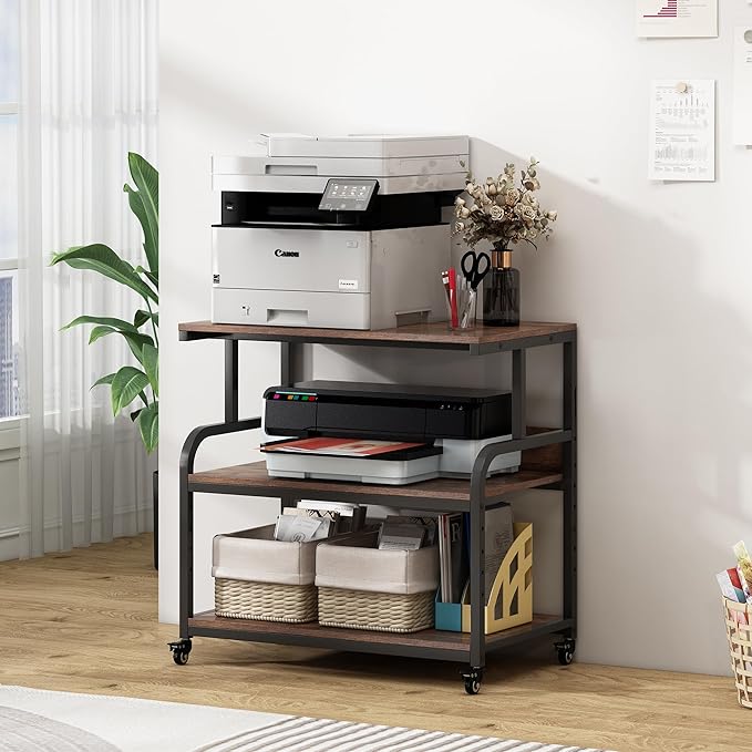 32.3" Wide Extra Large Printer Stand, 3 Tier Printer Table with Adjustable Storage Shelf, Rolling Printer Cart with Industrial Wheels for Home Office, Rustic Brown