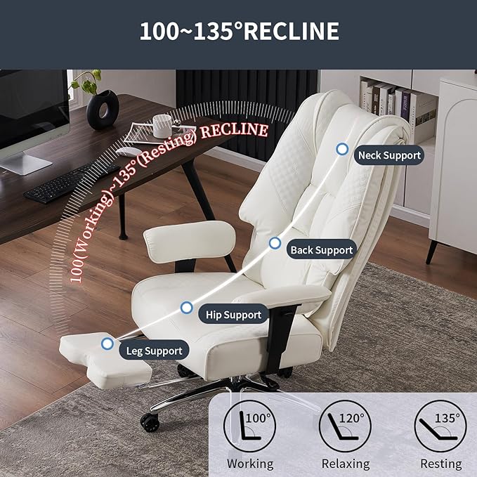 Big and Tall Office Chair 400lbs Wide Seat, Leather High Back Executive Office Chairs with Foot Rest, Ergonomic Lumbar Support for Lower Back Pain Relief (White)