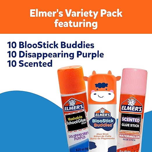 Elmer's Glue Stick Variety Pack, Featuring BlooStick Buddies, Disappearing Purple, and Scented Glue Sticks, Assorted, 30 Count