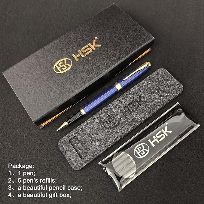 HSK Ballpoint Pens Executive Fountain Pen with Gold Trim, Gift Box Set, Available in Black, Red, Navy Blue,Black Refill Line width 0.5mm (Blue)