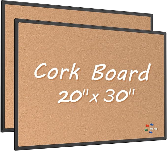 Board2by 2-Pack Cork Board Bulletin Board 20 x 30, Black Aluminium Framed Corkboard, Office Board for Wall Cork, Large Wall Mounted Notice Pin Board with 32 Push Pins for School, Home & Office