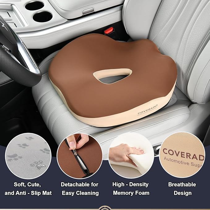 Coverado Car Seat Cushion, Memory Foam Office Chair Cushion for Car, Everlasting Comfort Sciatica & Hip & Tailbone Pain Relief Cushion for Long Sitting Driver Office Worker-Beige