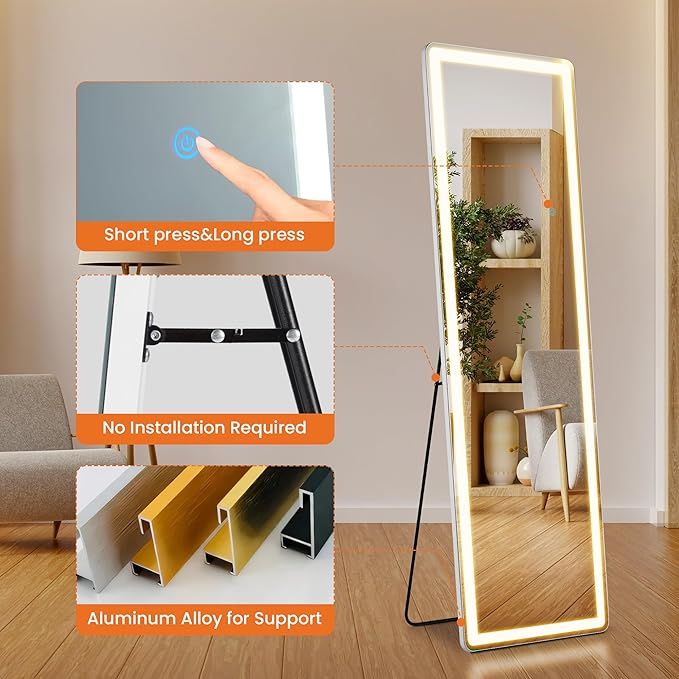 ALPEN Full Length Mirror with LED Lights, 60"x16"Floor Mirror with Dimming & 3 Color Lighting, Free Standing Floor Mirrors, Lighted Full Body Mirrors for Bedroom, Dressing Room, Cloakroom
