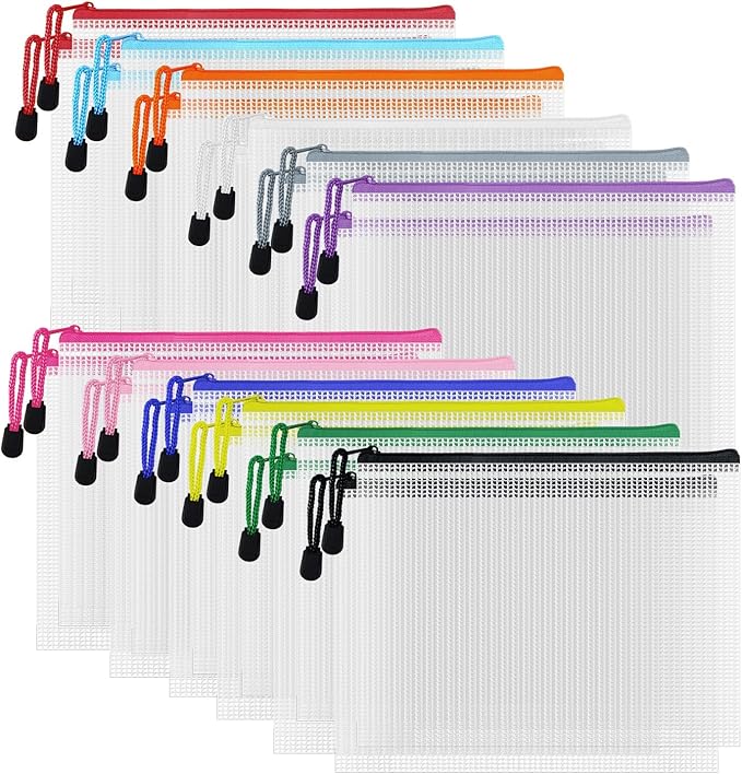 D-KINGCHY 24Pcs Zipper Storage Bags, Plastic Mesh Zippered Pouch for Organization, Waterproof Versatile Bags for Office Supplies School Travel
