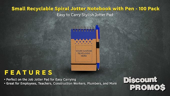 DISCOUNT PROMOS 100 Recyclable Spiral Small Notebooks Pack - Customizable Text, Logo - 60 Lined Pages - Blue