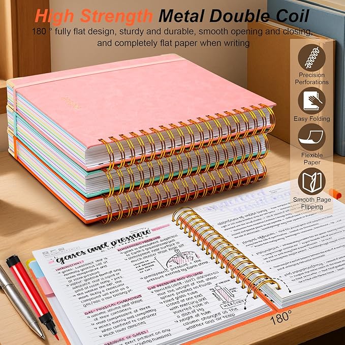 Hardcover Spiral Notebook 8"x10" Journal Notebook with Tabs and Removable Dividers 300 Pages 5 Subject Notebook College Ruled, Faux Leather Spiral Bound Notebook for Women, Students, School Work (Orange)