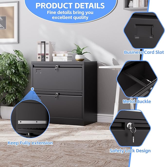 2 Drawer Lateral File Cabinet, Metal Wide Filing Cabinet with Independent Locks, Home Office Furniture for Hanging Files Letter/Legal/F4/A4 Size, Assembly Required, Black