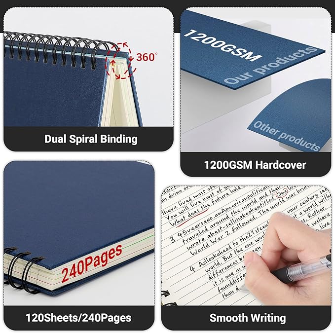 EUSOAR 5 Subject Notebook, 1pcs A4 11" x8-1/2 Spiral College Ruled Writing Pad, 100GSM 120Sheets/ 240Pages of Lined Paper, Thick Hardcover, for Journal Students, Office and Business, Royal Blue