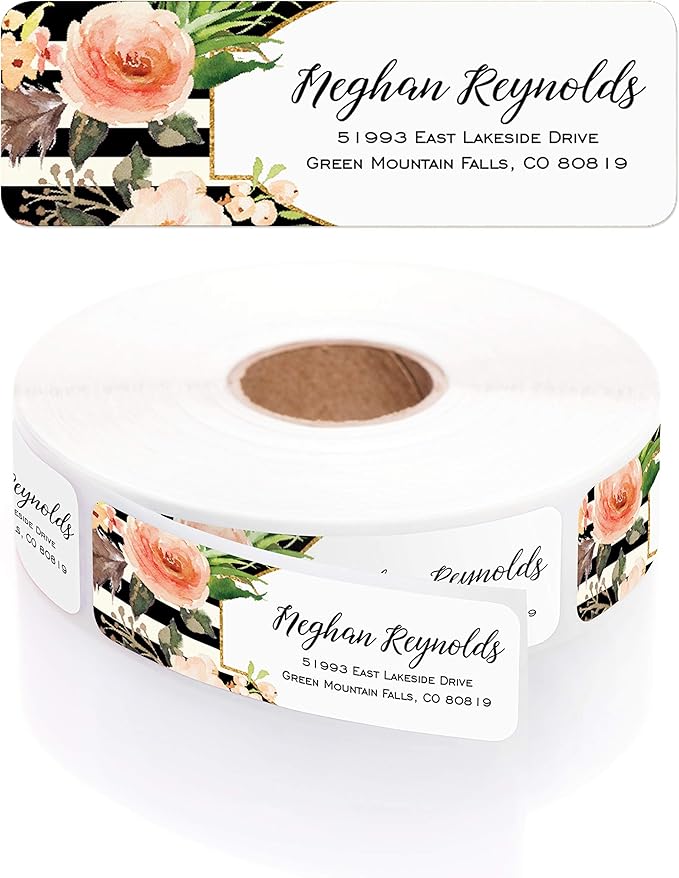 Black and White Stripe Floral Rolled Address Labels/Roll of 500 Personalized Return Address Labels/Designer Return Address Stickers in Elegant Plastic Dispenser