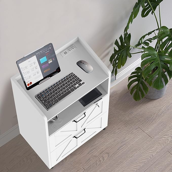 2 Drawer File Cabinet On Wheels & Charging Station, Wood Filing Cabinet with Lock & LED Light, Large Storage Printer Stand for Home Office, White