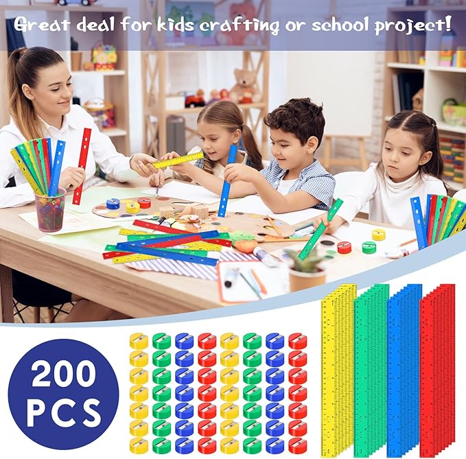 100 Pcs Plastic Rulers and 100 Pcs Mini Round Manual Pencil Sharpener Bulk, 4 Assorted Colors Pocket Sized Pencil Sharpeners Colorful Straight Ruler Back to School Supplies for Kids (Fresh,12 Inch)