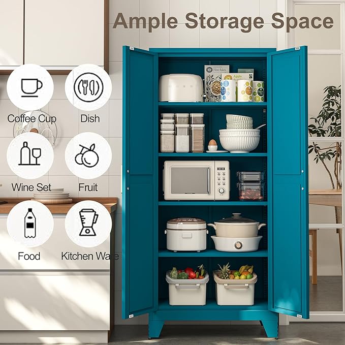 71H Tall Metal Storage Cabinet with 2 Doors and 5 Shelves,Farmhouse Storage Cabinet with Barn Doors,Pantry Storage for Home,Office,Bathroom,Dining Room,Kitchen(Blue)