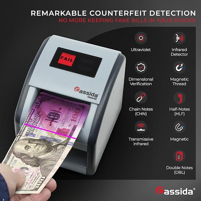 Cassida Omni-ID 2-in-1 Currency Counterfeit Detector with UV Identification Verification Lights – Bill Checker with Infrared, Magnetic and Ultraviolet Sensors - Easy to Read PASS/FAIL Display