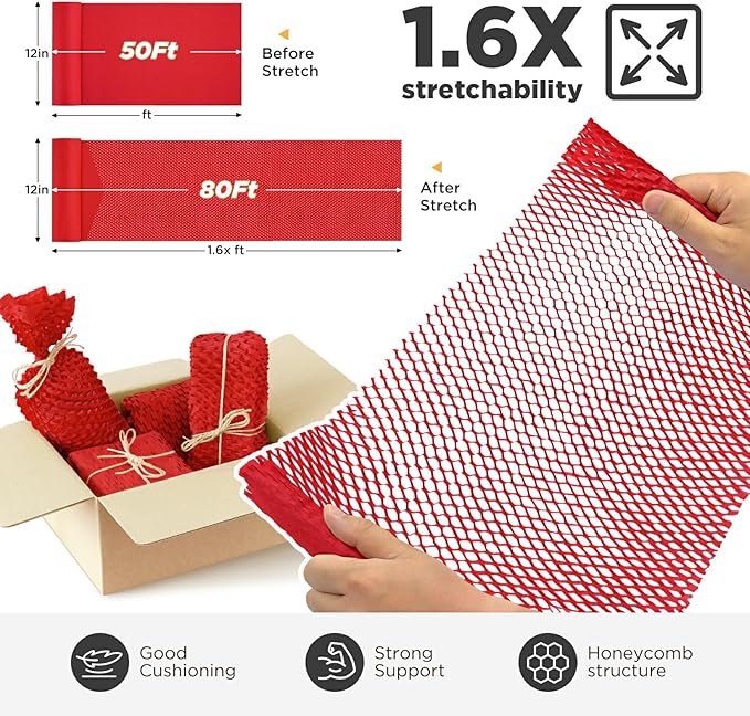 Honeycomb Packing Paper, 12"x50' Red | Perforated Honeycomb Packing Paper Recyclable Moving Supplies for Shipping & Moving | Plastic-Free Alternative to Bubble Cushion Wrap with 36 Fragile Stickers