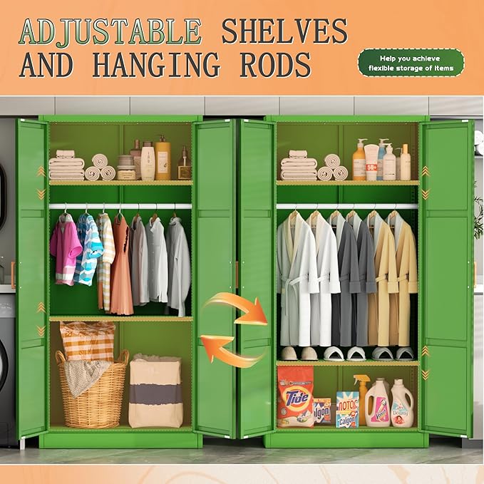 Greenvelly Metal Storage Wardrobe Cabinet with Lock, 71" Green Metal Wardrobe Closet for Hanging Clothes with Doors and Shelves, Modern Steel Clothes Closet for Home, Office and Bedroom, School,Gym