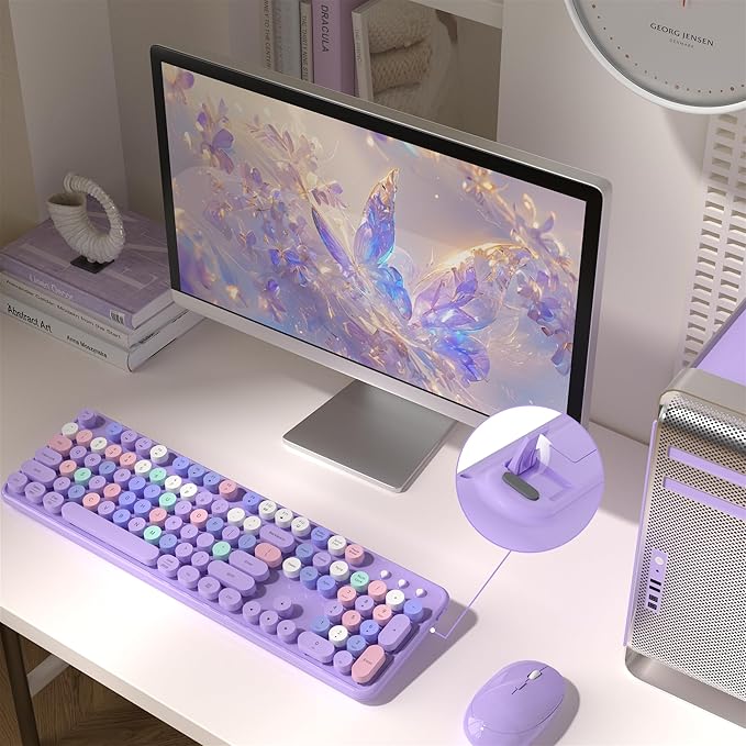 Colorful Wireless Computer Keyboard and Mouse Combo with Round Typewriter Keycaps, Retro Design, Power Switch, Ergonomic Design, 2.4GHz Wireless for Windows, Mac, PC(Purple-Colorful)