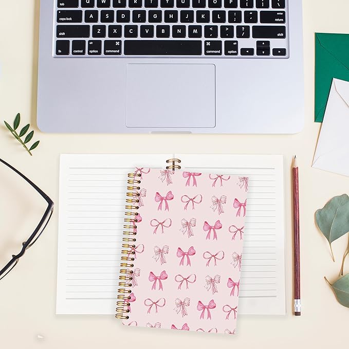 BearCake Pink Bow Sticky notebook,Cute Pink Preppy Journal,Trendy Coquette Pink Bow Notebook for women notebook,Pink bow notebook for note taking,Hardcover Spiral Notebook 5.5x8.3