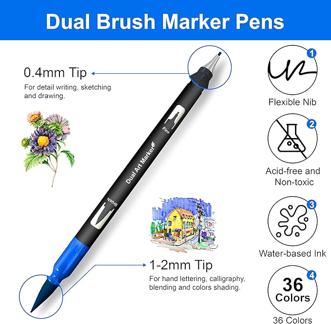 Dual Brush Marker Pens, 36 Colors Art Markers with Fine and Brush Tip Coloring Markers for Adults, Marker for Journaling Calligraphy Drawing Sketching Doodling Illustrating