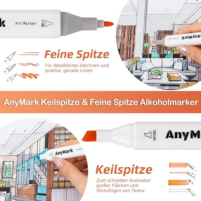 AnyMark Alcohol Markers, 100 Colors Dual Tip Art Coloring Markers Set for Kids Adult Book Drawing Sketching Painting, Chisel & Fine, White Penholder