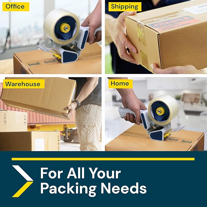 Excell Safeguard Packing Tape Dispenser with 1 Roll Transparent Tape, 2 Inch Wide Tape Gun with Pushflap Technology for Effortless Packaging, Box & Carton Sealing