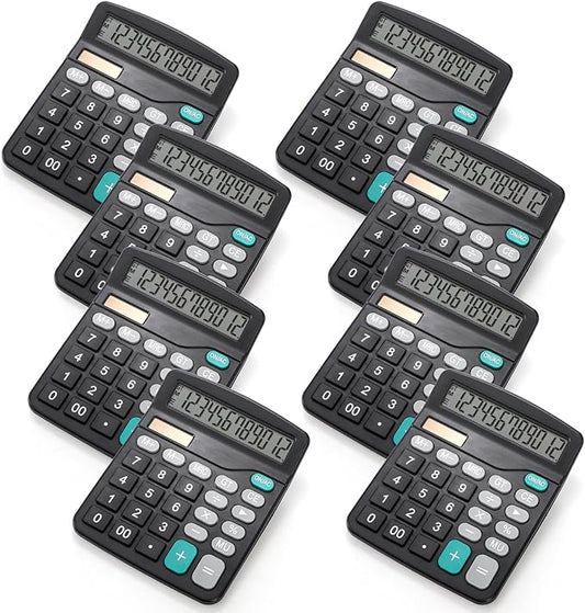 8 Pack Desktop Calculator 12 Digit, Solar Battery Basic Calculator, Dual Power Electronic Calculators with Large LCD Display, Sensitive Button Handheld Calculator for Office Home School, Black